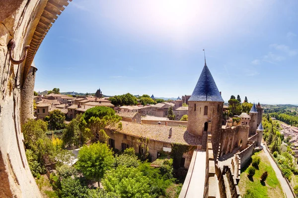 Zamku Hrabiego Zachodniej Murów Średniowiecznego Miasta Carcassonne Słoneczny Dzień — Zdjęcie stockowe