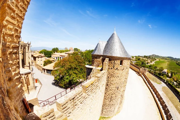 Ortaçağ Carcassonne Fransa Nın Batı Şehir Duvarının Havadan Görünümü — Stok fotoğraf