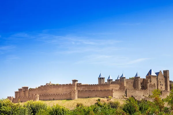 Ünlü Carcassonne Kalesi Mavi Gökyüzü Fransa Europe Karşı Doğal Görünümü — Stok fotoğraf