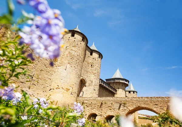 Bejárat Előtt Grófi Kastély Carcassonne Erődítmény Franciaország Vezető Híd — Stock Fotó