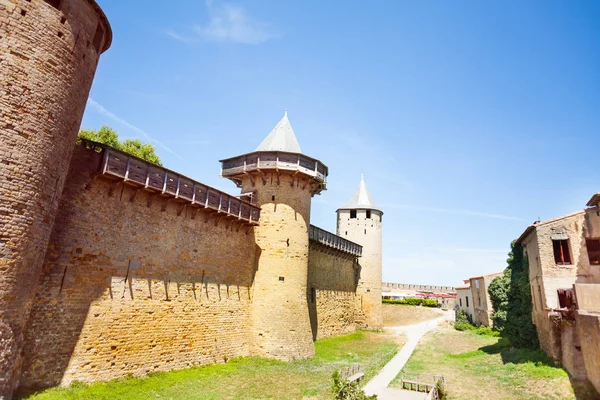 Középkori Erődítmény Gróf Vára Tornyok Felhalmozó Carcassonne Franciaország — Stock Fotó