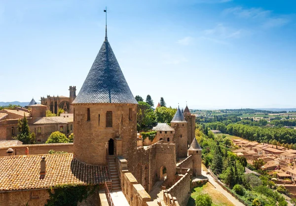 Słynny Zamek Carcassonne Bazyliki Saint Nazarius Oddali Francja Europa — Zdjęcie stockowe