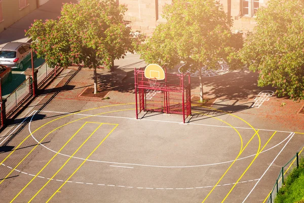 Aerial view of empty multi sport game court at elementary school backyard — Stock Image Aerial View Empty Multi Sport Game Court Elementary School Backyard Stock Photo