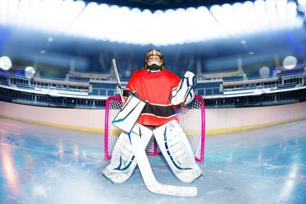 Portrait of young goaltender standing next to the net under the lights of ice hockey stadium