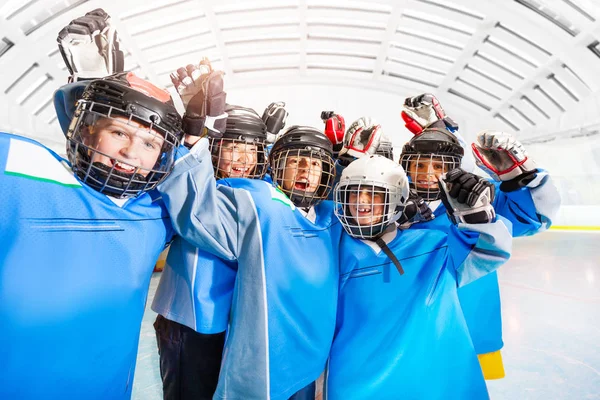 Retrato Chicos Alegres Jugadores Hockey Levantando Las Armas Celebrando Victoria — Foto de Stock