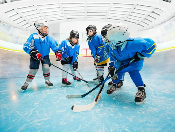 Retrato Niños Niñas Felices Jugadores Hockey Sobre Hielo Practicando Con — Foto de Stock