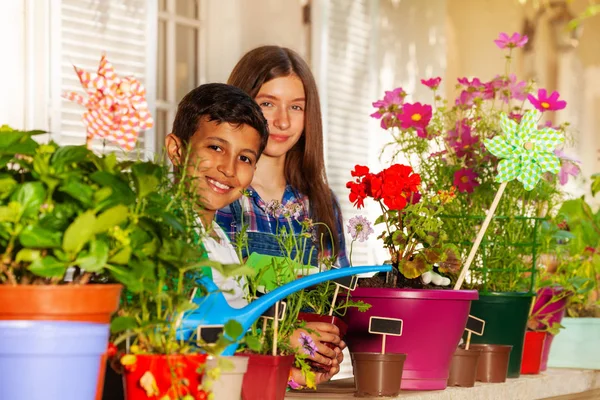 Portrait Préadolescent Garçon Fille Arrosant Des Fleurs Pot Sur Balcon — Photo