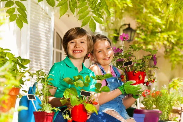 Ritratto Due Piccoli Giardinieri Bambino Bambina Seduti Sulla Terrazza Che — Foto Stock