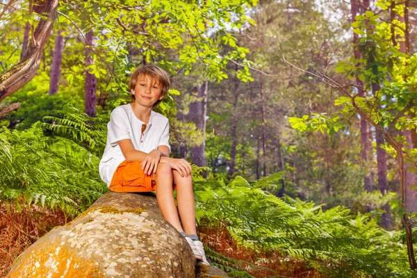 学校年龄的画像男孩坐在岩石在森林里在远足期间 — 图库照片
