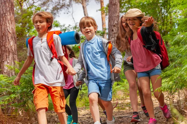 Porträtt Barn Kör Skogen Tillsammans Hand Hand Ett Spår Skolresa — Stockfoto