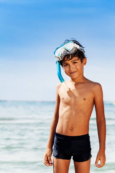 Szczegół Portret Preteen Boy Stroje Kąpielowe Scuba Maska Spędzać Wakacje — Zdjęcie stockowe