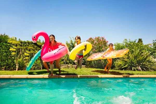 Group Age Diverse Boys Girls Happy Friends Swim Tools Running Stock Photo