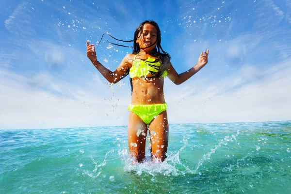 Portrait Joyful Asian Girl Bikini Splashing Water While Playing Seaside — Stock Photo, Image