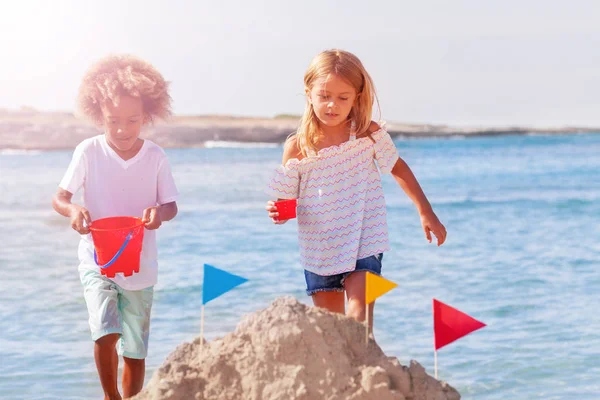 Portrait Happy Kids Toy Bucket Sand Mold Making Sandcastle Beach — Stock Photo, Image