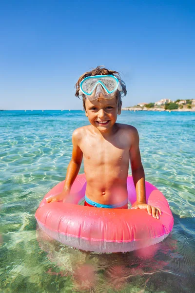 Portrait Happy Boy Scuba Mask Swim Ring Standing Waist Deep — Stock Photo, Image