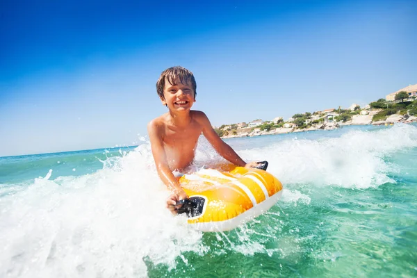 Portrait Joyful Boy Riding Waves Swimming Mattress Summer Vacation — Stock Photo, Image