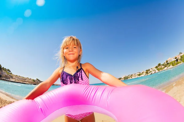 Portrait Adorable Little Girl Holding Big Pink Swim Ring Ready — Stock Photo, Image