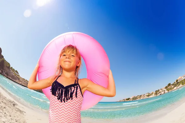 Portrait Happy Little Girl Bikini Pink Rubber Ring Seaside — Stock Photo, Image