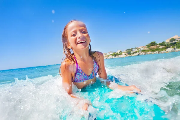 Close Portrait Happy Girl Riding Wave Body Board Spending Summertime — Stock Photo, Image