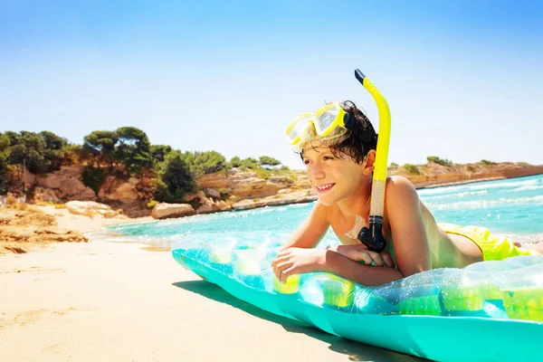 Side View Portrait Teenage Boy Laying Air Mattress Snorkeling — Stock Photo, Image