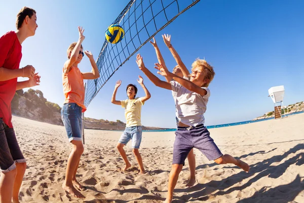 Portrait Teenage Boys Happy Friends Playing Beach Volleyball Summer — Stock Photo, Image