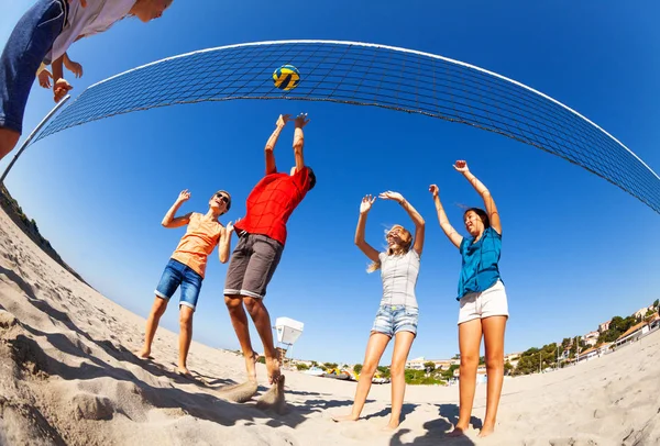 Plano Vista Bajo Ángulo Niños Niñas Activos Jugando Voleibol Playa —  Fotos de Stock