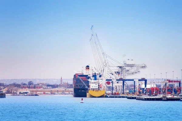 Guindastes Marítimos Que Carregam Contentores Navios Carga Doca Porto Marítimo — Fotografia de Stock