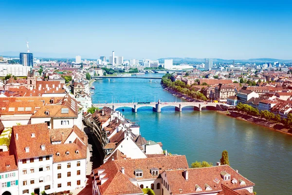 Vista Superior Del Paisaje Urbano Basilea Río Rin Día Soleado — Foto de Stock