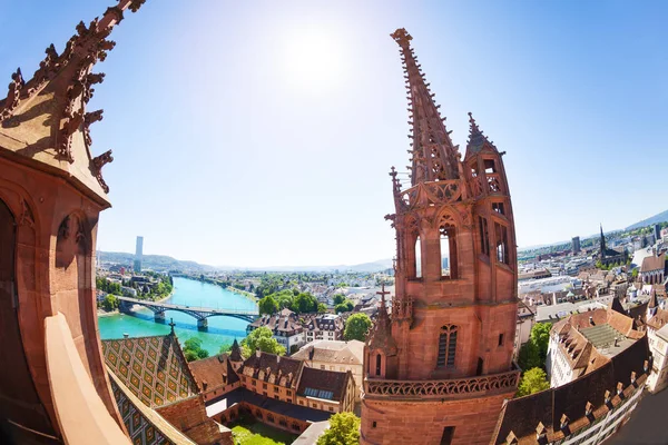 Vacker Utsikt Över Basel Stadsbilden Med Minster Katedralen Twin Towers — Stockfoto
