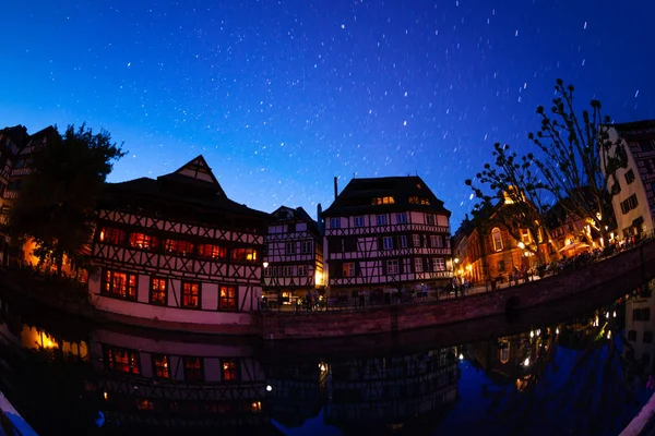 Traditional French Buildings Ill River Embankment Starry Sky Strasbourg — Stock Photo, Image