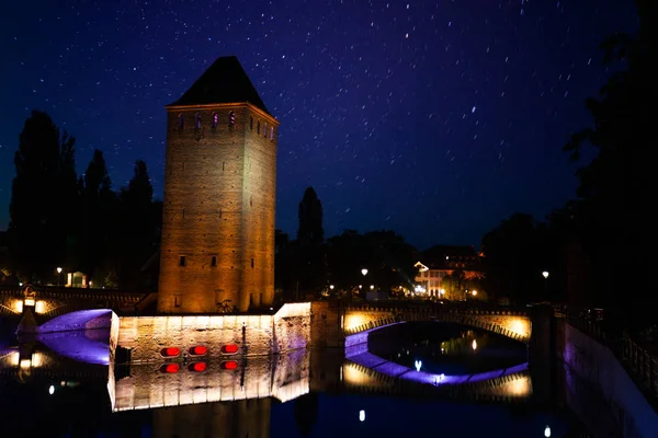 Illuminated Defensive Tower Ponts Couverts Grande Ile Island Starry Sky — 图库照片