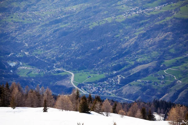 Vista Aérea Vale Rio Isere Estância Esqui Les Arcs França — Fotografia de Stock