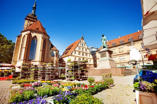 Blick Auf Den Stuttgarter Schillerplatz Mit Altem Schloss Schiller Denkmal — Stockfoto