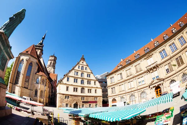 Foto Ojo Pez Schillerplatz Con Monumento Schiller Stiftskirche Fruchtkasten Prinzenbau — Foto de Stock