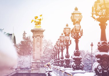 Güzel manzarası, fenerler ve Pont Alexandre III heykelleri kış, Paris, Fransa