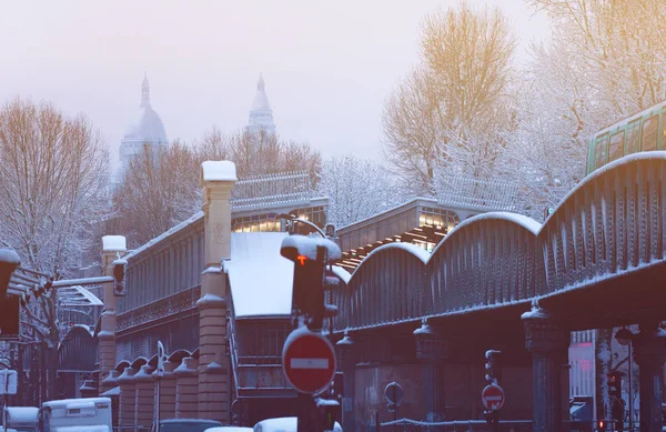 Montmartre Sacre Cur View Winter Rafter Big Snowfall Place Bataille — Stock Photo, Image