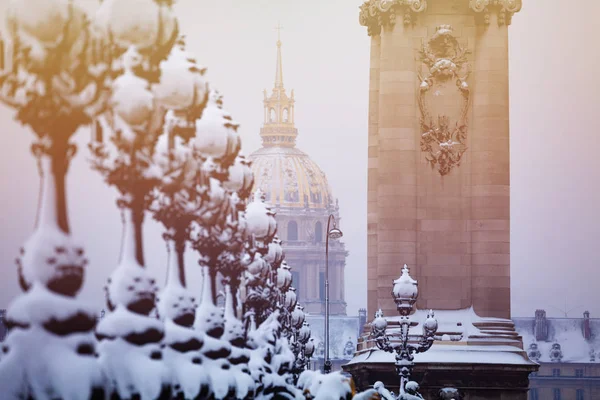 Fila Linternas Cubiertas Nieve Puente Alexandre Iii Cúpula Catedral Los —  Fotos de Stock