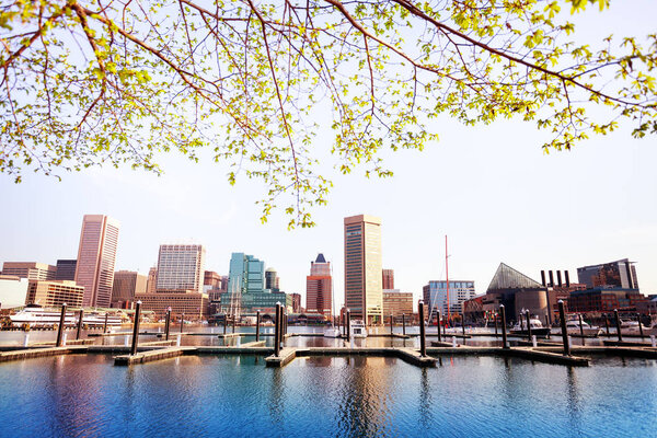Inner Harbor and Baltimore skyline in spring, Maryland, USA