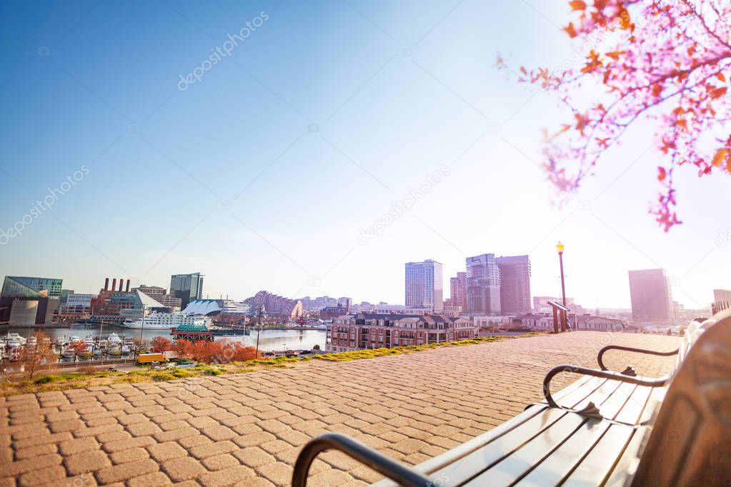 Overlooking Inner Harbor at sunny day, Baltimore, Maryland, USA
