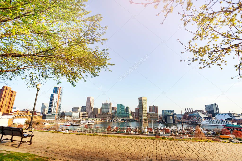 Panoramic view of the Inner Harbor in spring, Baltimore, USA