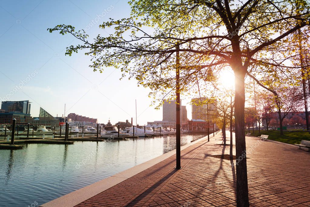 Waterfront of the Inner Harbor at sunny day, Baltimore, Maryland, USA