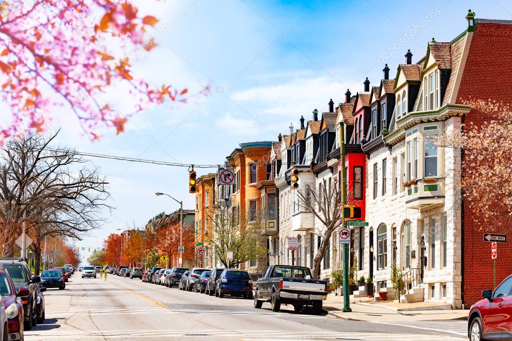 Scenic view of Baltimore streets in spring, Maryland, USA
