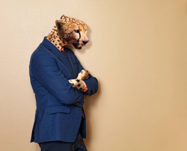 Erkek cheetah ofis giyim takım elbise ve gömlek - agresif iş adam kavramı, karışık teknik