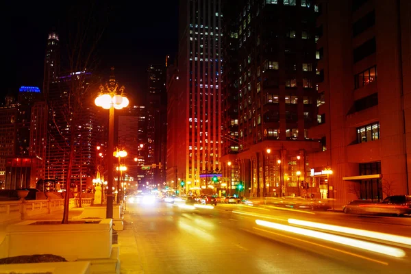 Busy Traffic Chicago Road Blurred Cars Light Trails Night Time — Stock Photo, Image