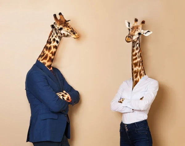 Офисные Работники Концепция Мужчины Женщины Жирафы Носить Костюмы Стоя Вместе — стоковое фото