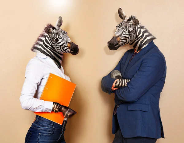 Office Workers Animalistic Concept Male Female Zebras Wearing Suits Standing — Stock Photo, Image