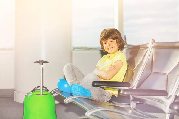 Portrait Happy Boy Waiting Boarding Sitting Seat Airport Terminal — Stock Photo, Image
