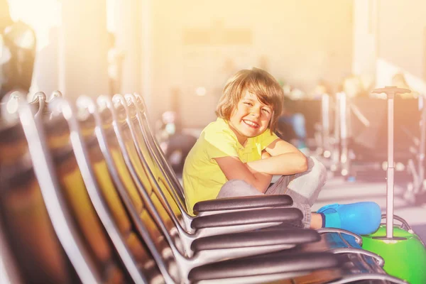 Side View Portrait Boy Sitting Seat Airport Terminal Smiling Looking — Stock Photo, Image