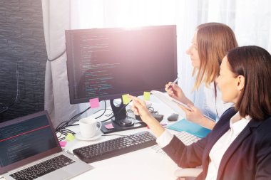 İki iş kadınları portresi bilgisayar ekranı önünde oturan ve notlar ofiste yapım bir toplantı var