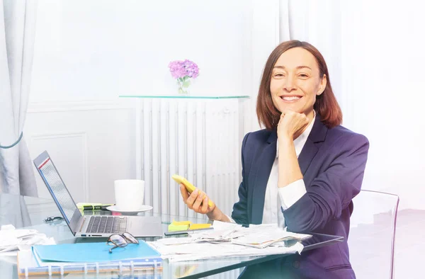 Portrait Beautiful Businesswoman Working Papers Using Laptop Computer Mobile Phone — Stock Photo, Image